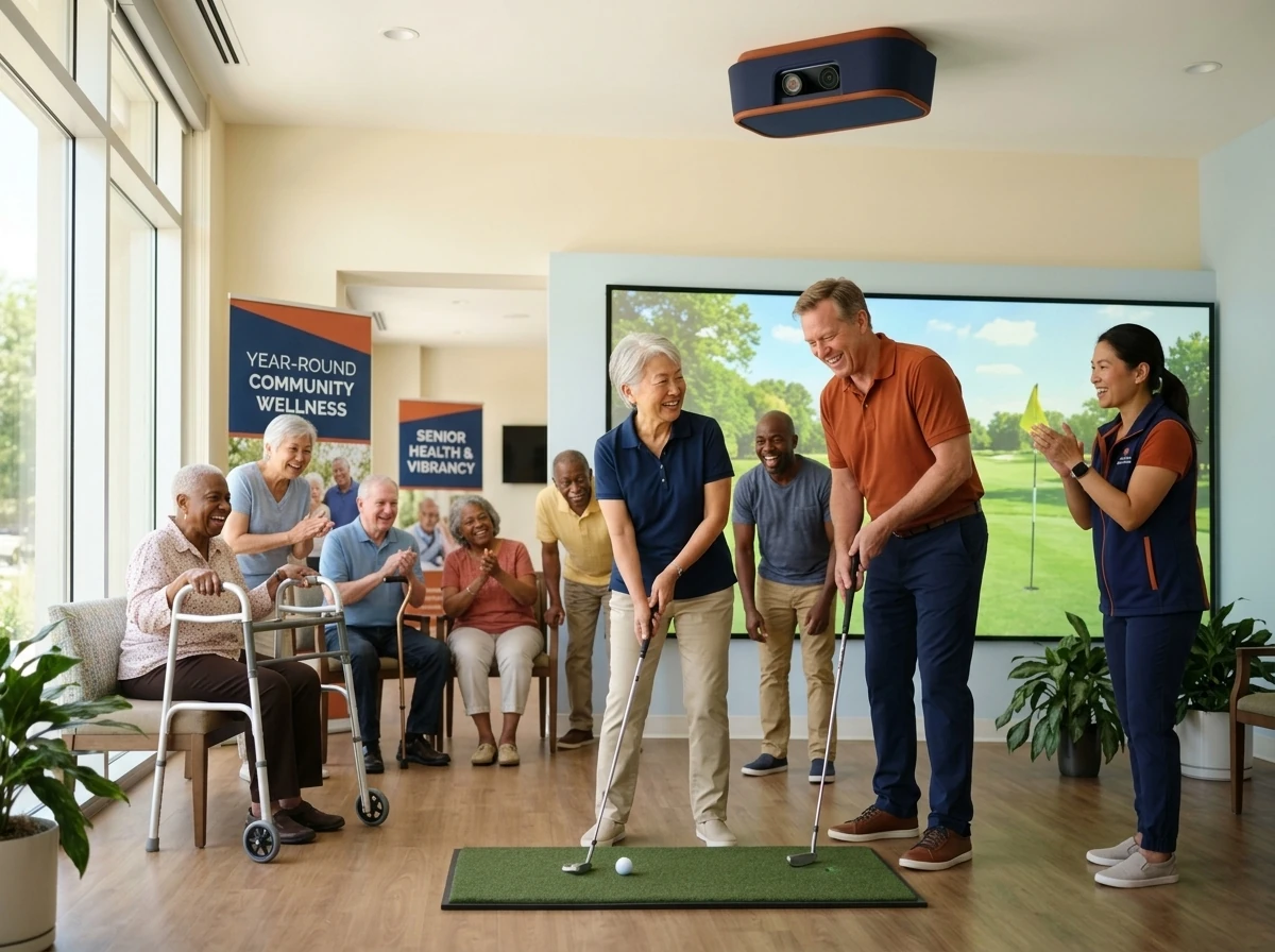 Residents gathered around a XimFitX simulator in a community wellness space