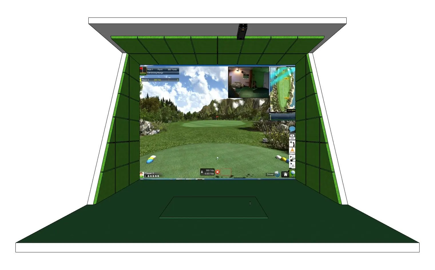 Front elevation of a simulator bay: the OS2000 fixed to the ceiling above and slightly behind the hitting mat, centred across the bay and square to the projection screen
