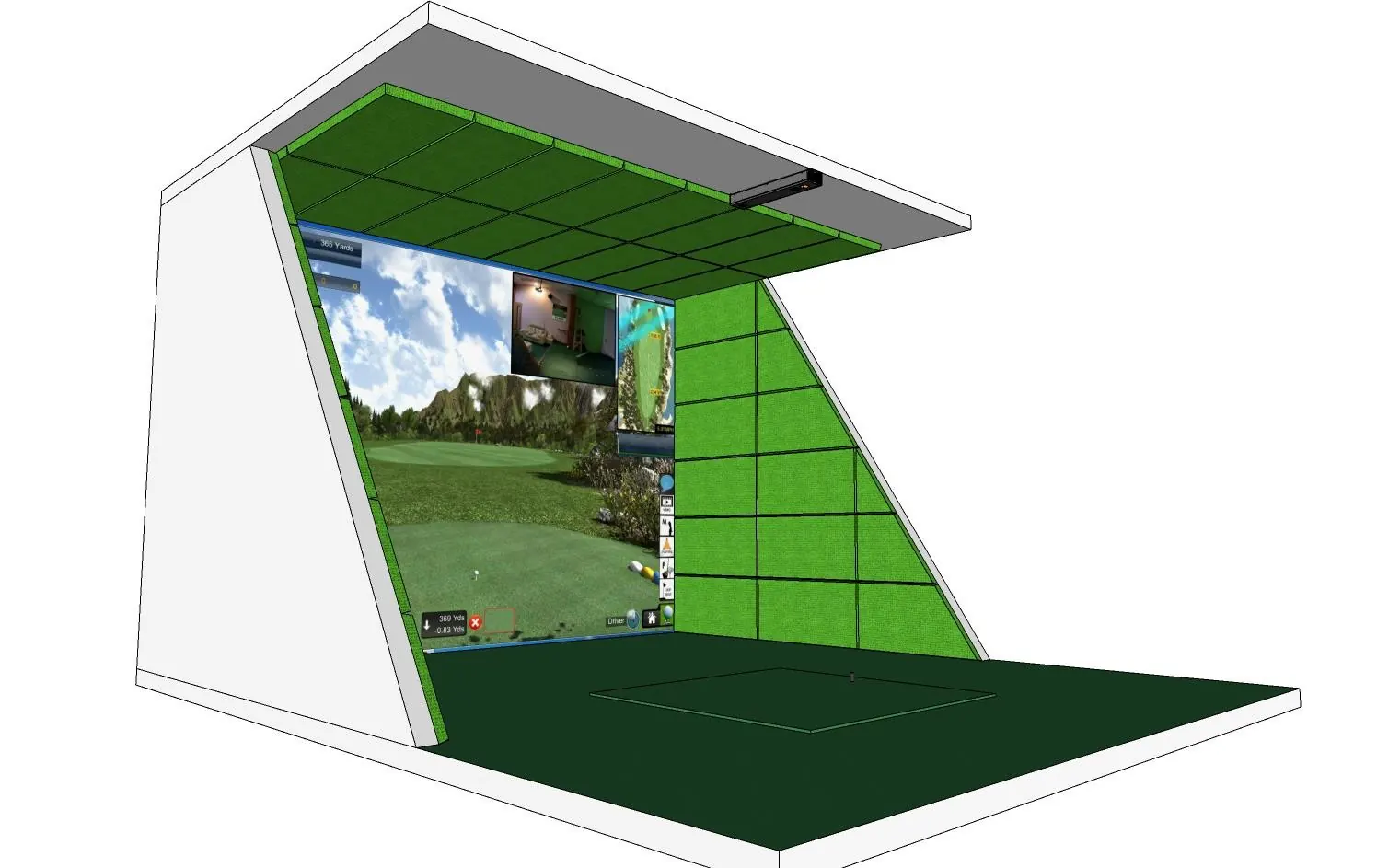 Isometric view of the same simulator bay, showing the device running across the ceiling perpendicular to the target screen