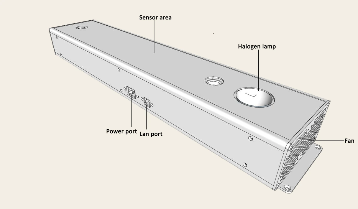 Isometric render of the OS2000 enclosure showing the sensor area and halogen lamp on the underside and the power port, LAN port and cooling fan at the connector end
