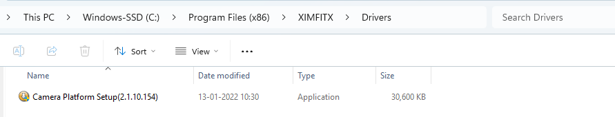 File-explorer view of C:Program Files (x86)XIMFITXDrivers containing Camera Platform Setup