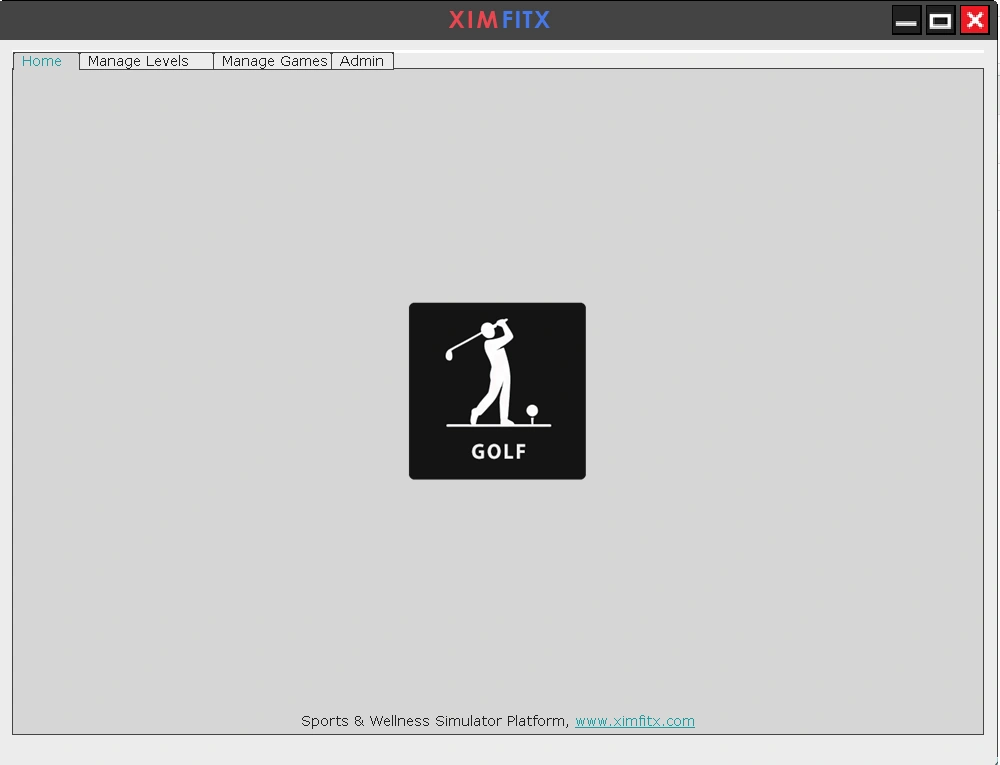The XIMFITX Hub Home tab with Home, Manage Levels, Manage Games and Admin tabs, showing a single Golf game tile