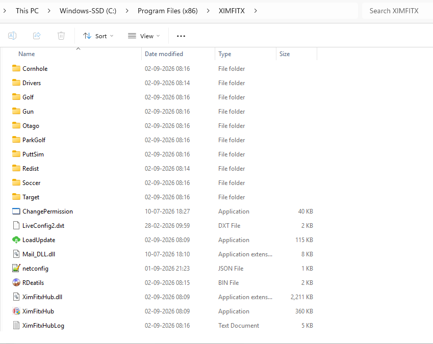 File-explorer view of C:Program Files (x86)XIMFITX showing the game folders, the Drivers and Redist folders, and XimFitxHub.exe