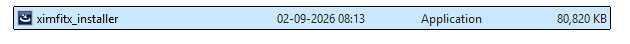 File-explorer row showing the downloaded file ximfitx_installer, type Application, about 80,820 KB