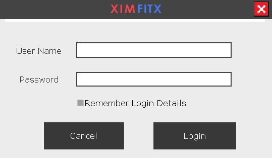 The XIMFITX login dialog with User Name and Password fields, a Remember Login Details checkbox, and Cancel and Login buttons