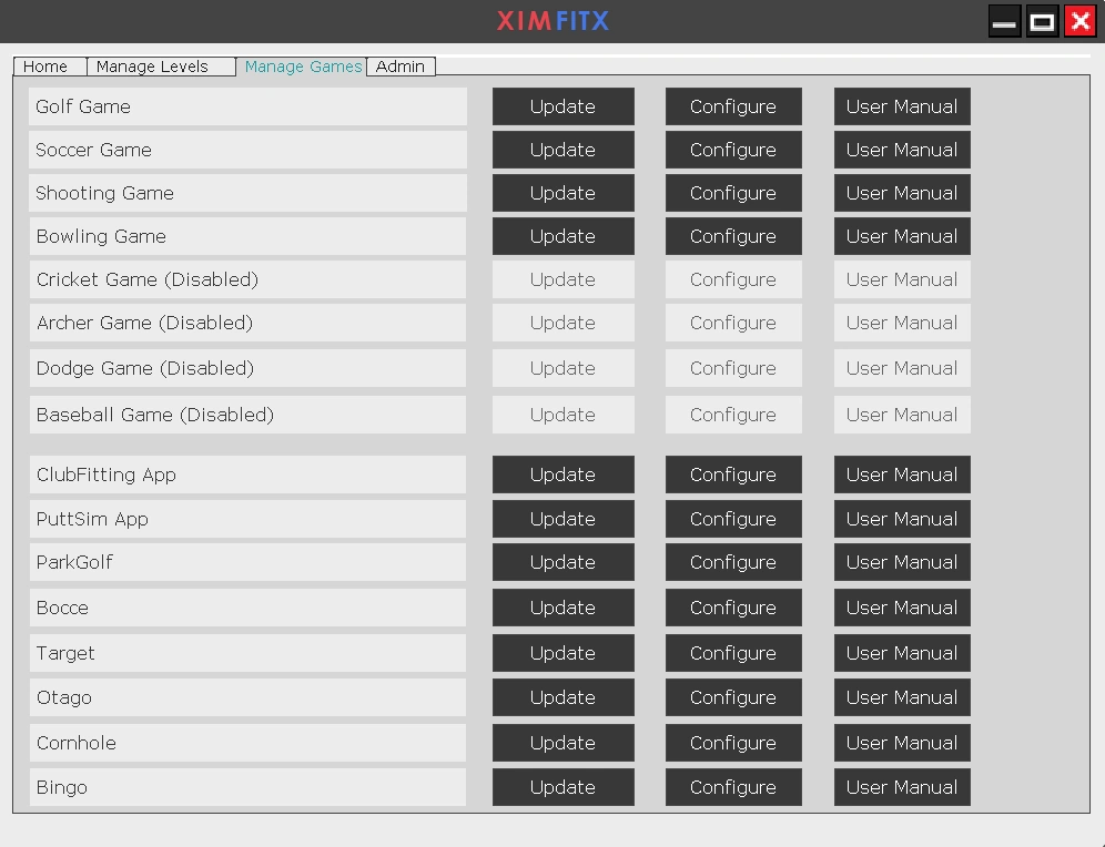 The Manage Games tab listing games and apps, each with Update, Configure and User Manual buttons; disabled entries are greyed out