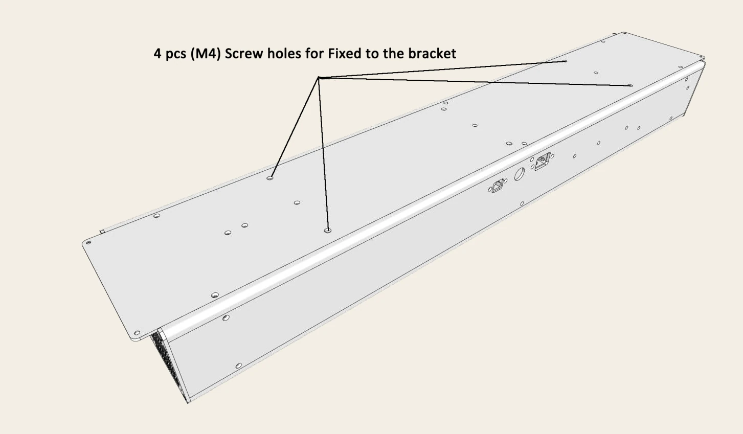 Mounting method 2: four M4 screw holes on the device accept mounting brackets, which are then fixed to the ceiling structure