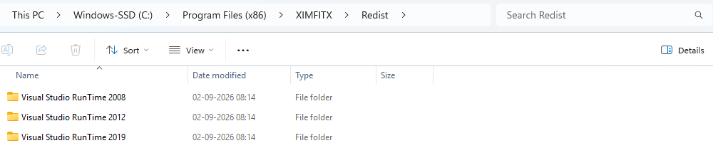 File-explorer view of C:Program Files (x86)XIMFITXRedist showing Visual Studio RunTime 2008, 2012 and 2019 folders