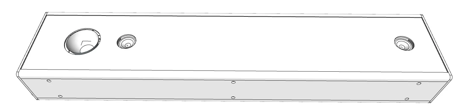 Isometric line drawing of the OS2000 overhead sensor unit, a long horizontal enclosure with the sensor window and lamp on the underside
