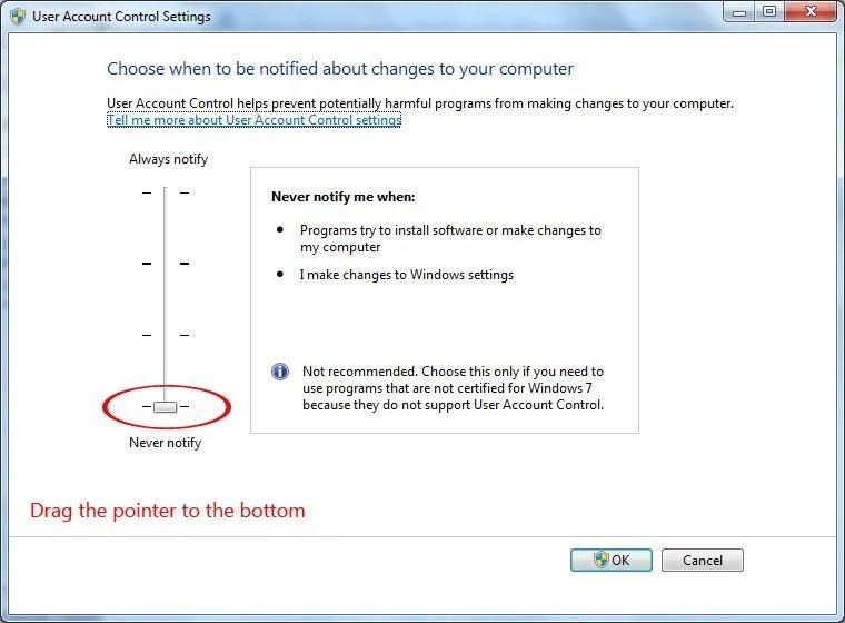 Windows User Account Control Settings dialog with the slider dragged to the bottom, Never notify, circled in red