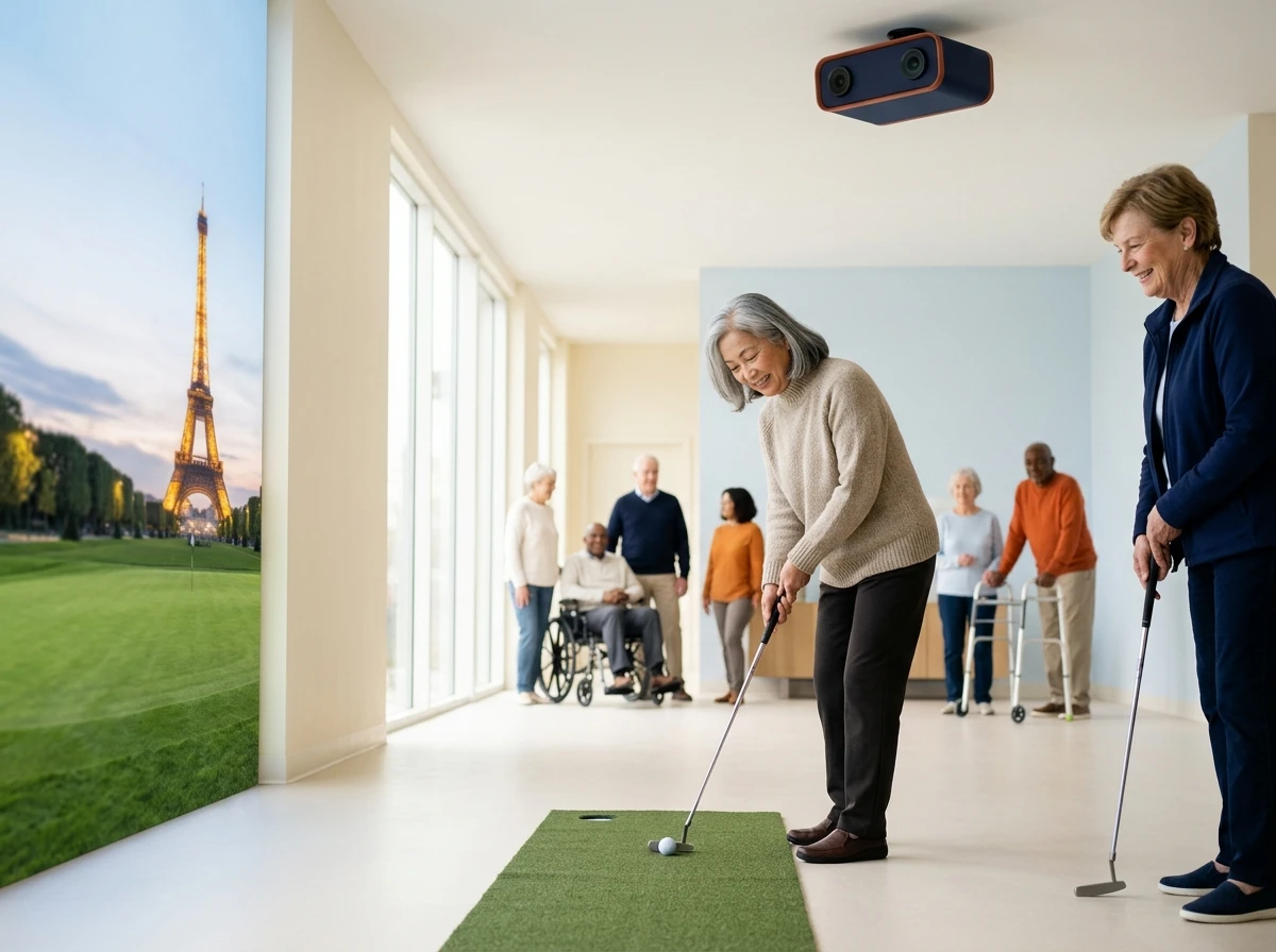 Golfer putting on a virtual green overlooking the Eiffel Tower