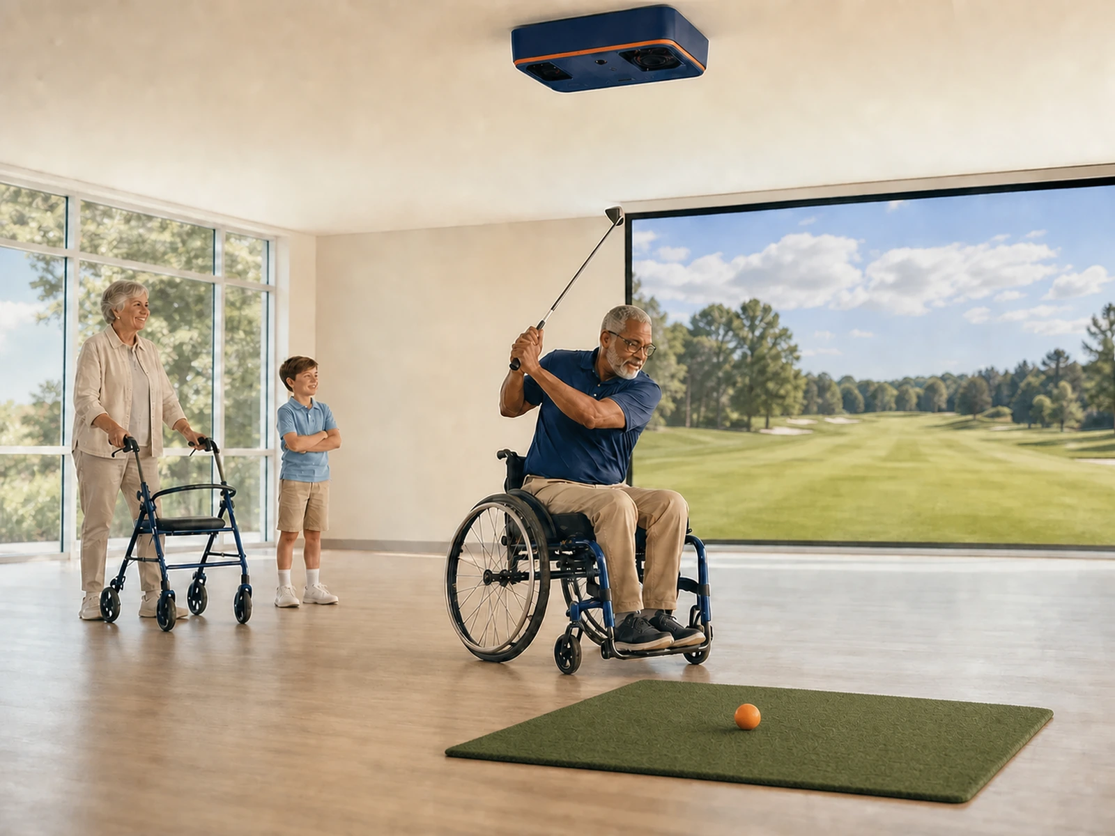 Player using a mobility device inside an open XimFitX hitting bay